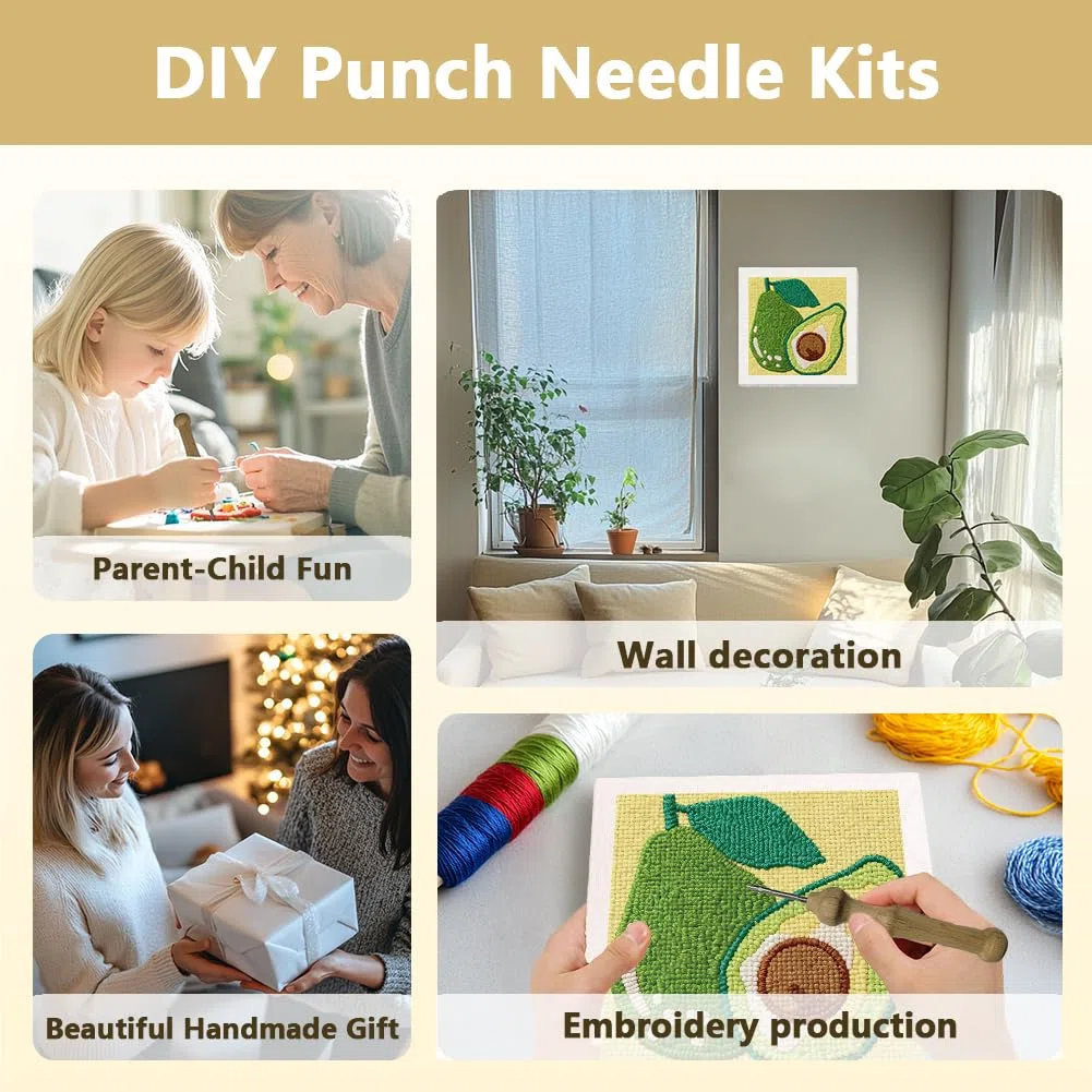 DOODLREAM Avocado DIY Punch Needle Stickset Für Erwachsene Anfänger 24cm Avocado Fruchtpunsch Stickset Für Anfänger Mit Rahmen Stoffmuster Einfädler Garn Quetschnadel