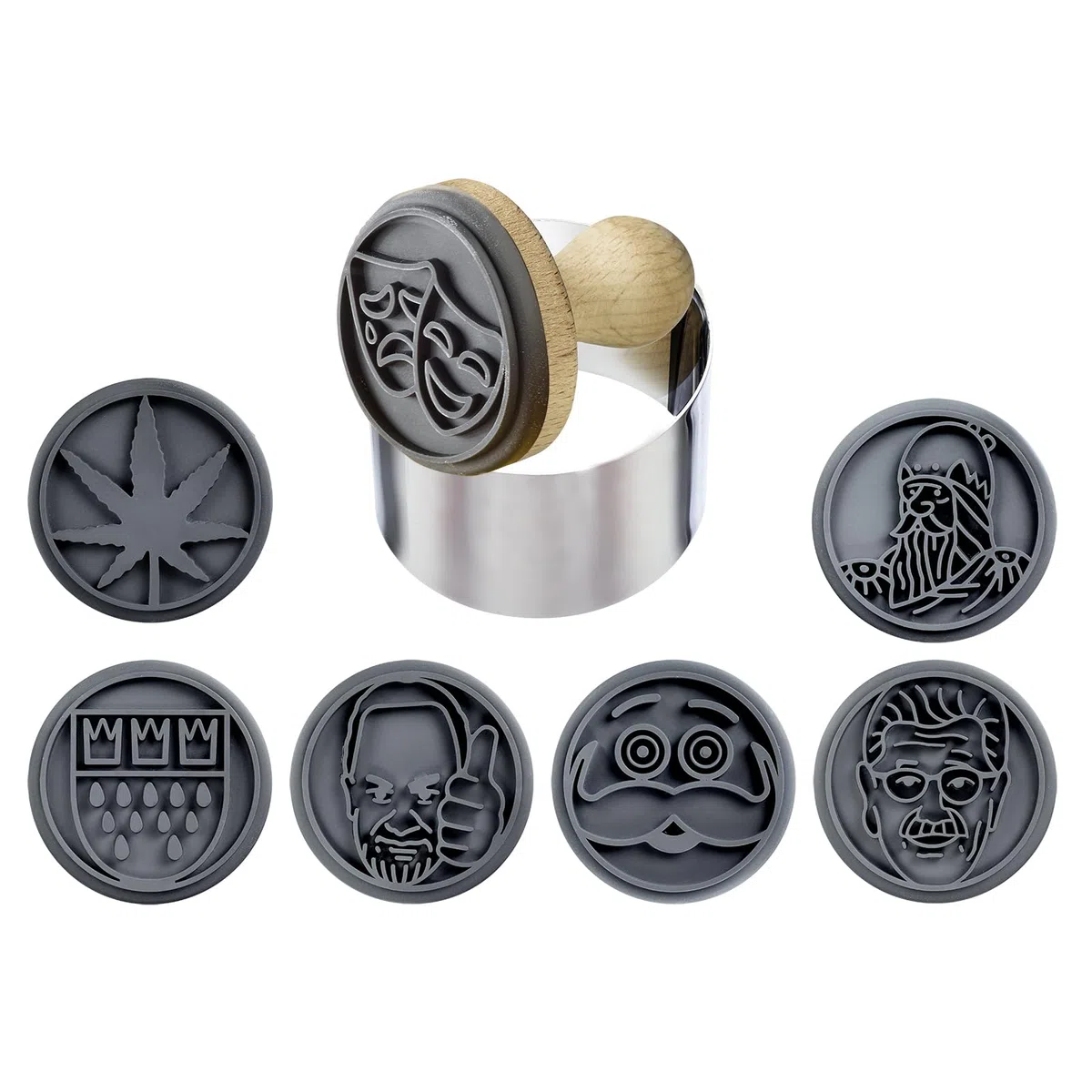 Westmark Keks-Stempel Köln – Keks-Stempel mit 7 verschiedenen Köln-Motiven, Set mit 7 Motiv-Köpfen aus Silikon, einem Holzstempel und einem Ausstechring aus Edelstahl – Ø 6,5 cm