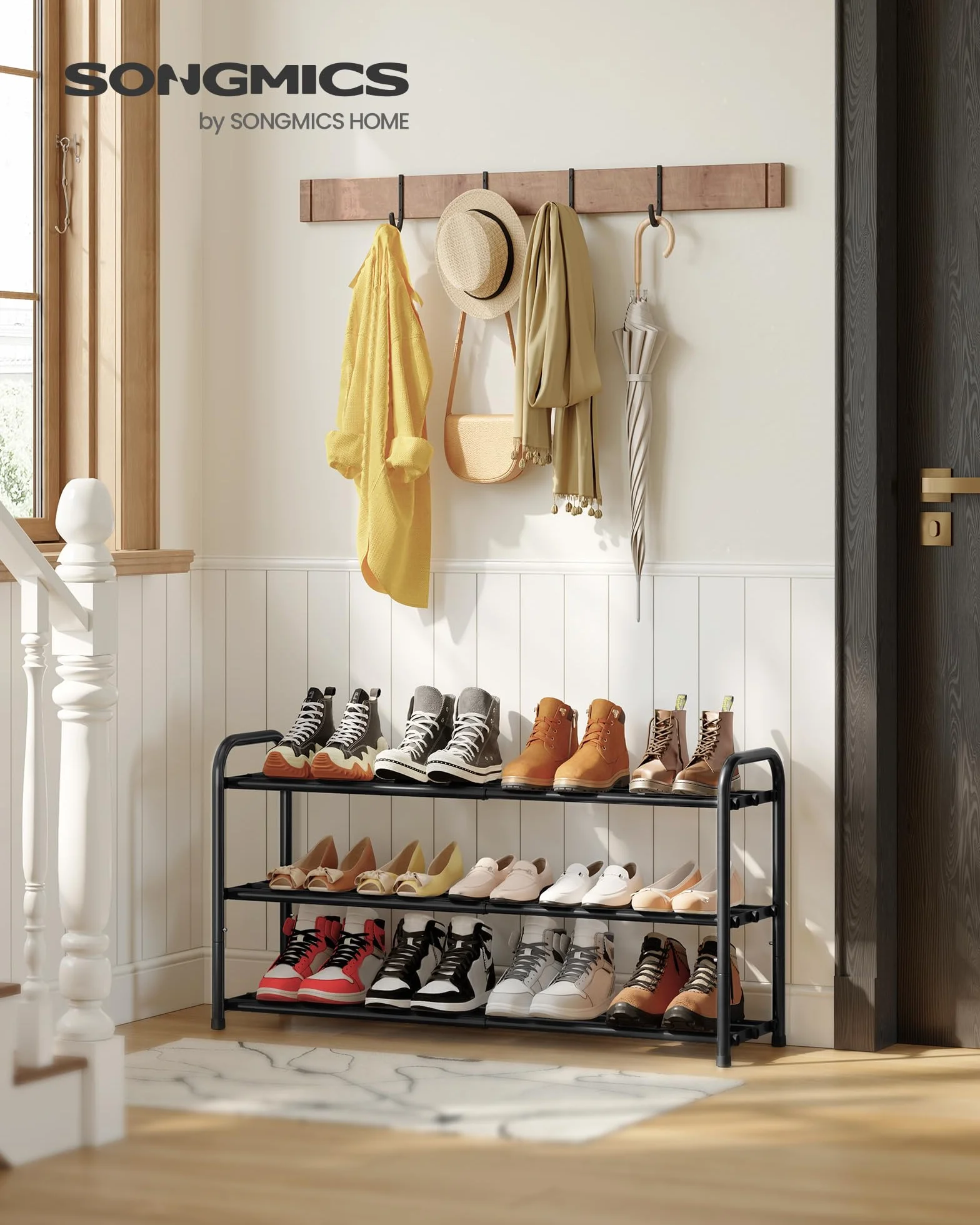SONGMICS Schuhregal ausziehbar, Schuhablage, Schuh-Organizer mit verstellbaren Ablagen, Schuhaufbewahrung aus Metall, für Flur, Ankleidezimmer, Wohnzimmer, 3 Ebenen, tintenschwarz LMR036BD01