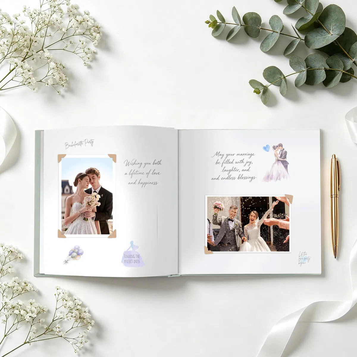 Gästebuch Hochzeit mit 2 Seiten Feststehenden Fotoaufklebern,Hochwertiges Hochzeitsbuch,Hardcover mit Goldprägung,Größe 21x23cm,Hochwertiges Gästebuch,120 Seiten Blanko,6 Seiten Hochzeitssticker,Grün