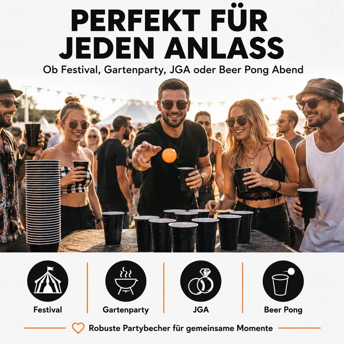 100 Partybecher schwarz | Wiederverwendbare Plastikbecher 12 cm | Lebensmittelechte Becher im 2x 50er Pack | Beerpong Becher für Festival, JGA, Gartenparty, Geburtstag & Trinkspiele