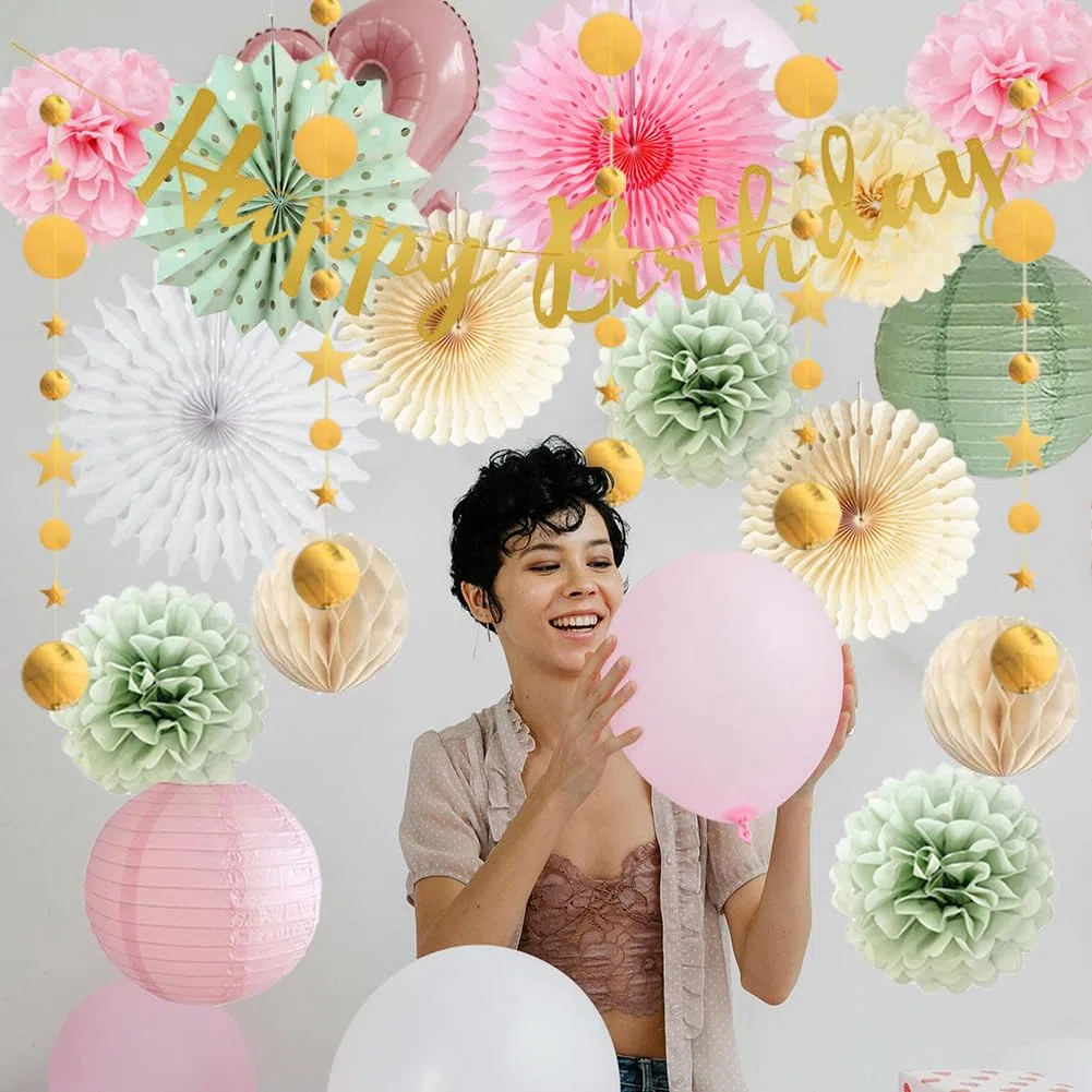 Geburtstagdeko Frauen Grün Rosa Geburtstag Deko Happy Birthday Girlande Rosa Salbeigrün Seidenpapier Pompoms Papierfächer für Neutral Dekoration