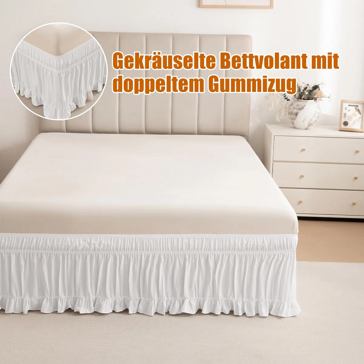 ACESOME Bed Skirt 137 x 190cm, Bettrock zum Umwickeln Bettvolant,Ruffled Solid Bed Rock, Elastische Bettschürze mit 38cm Drop aus Polyesterfaser (Weiß, 137 x 190cm)