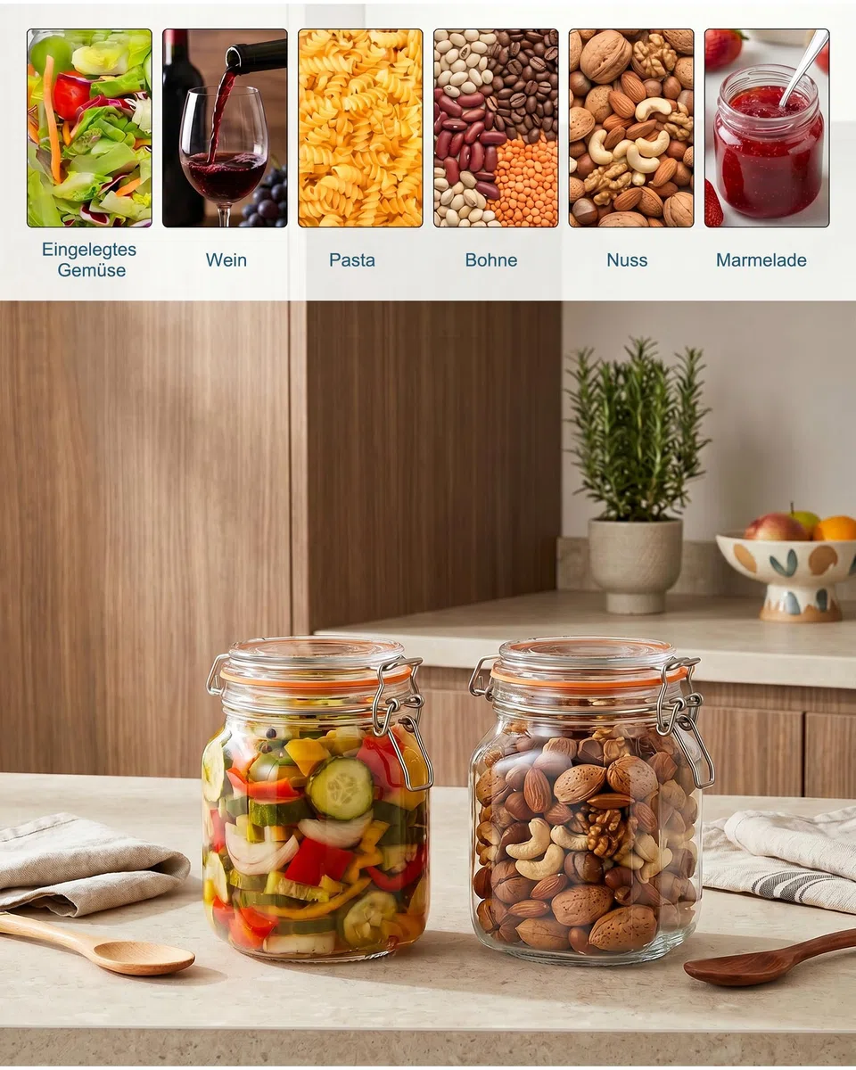 2er-Pack Fermentierglas 1L mit Gärventil und Gewicht: Premium Fermentationsglas Auslaufsicheres Fermentierset für Anfänger & Profis - 1000ml Gärglas für Sauerkraut, Pickles, Kimchi, Kombucha