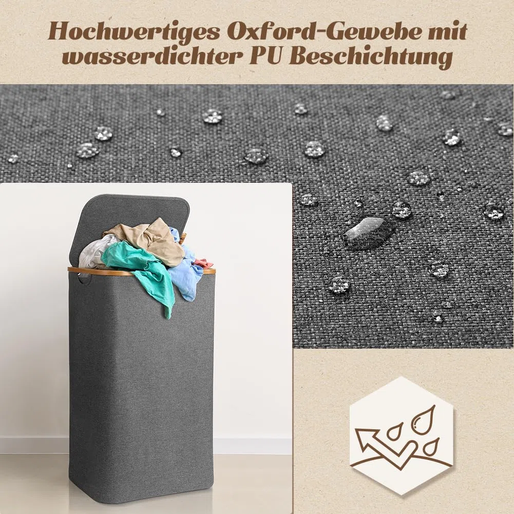 OUSFOT Wäschekorb mit Deckel 105L Wäschesammler faltbar aus 600D Oxford-Gewebe mit Abnehmbarem Wäschesack Bambus-Wäschebox Wäschesortierer Wäschetonne Laundry baskets Grau