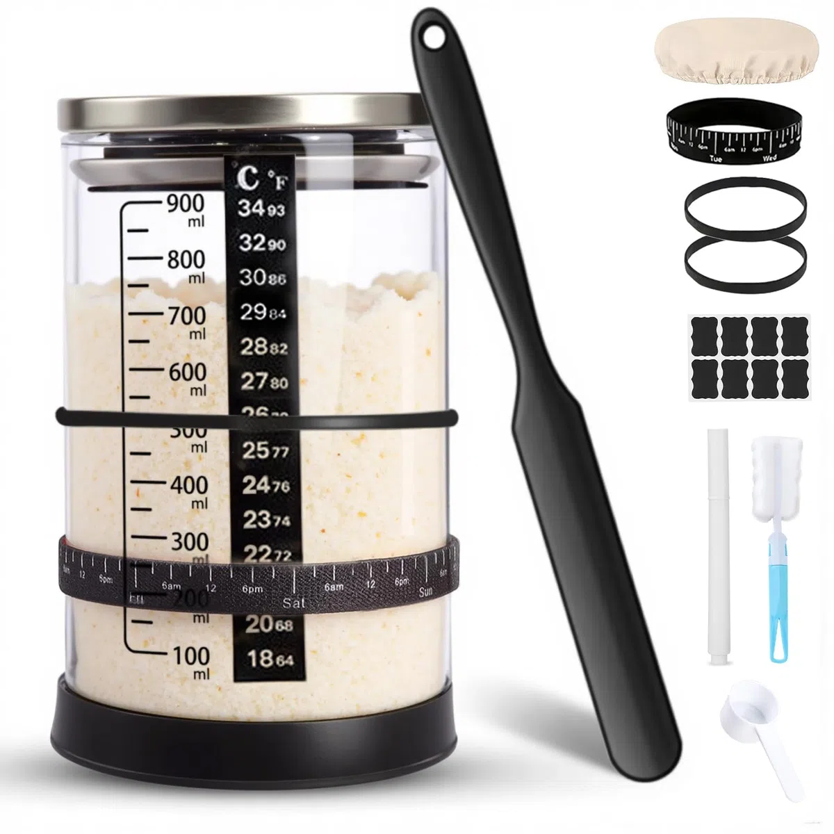 Sauerteig Starter Jar Kit 1000ml Gärglas mit Spatel, Fermentierglas, Sauerteig Glas Jar, Sourdough Starter Kit, Anstellgut Glas Behälter, Reusable Brot Backen Zubehör