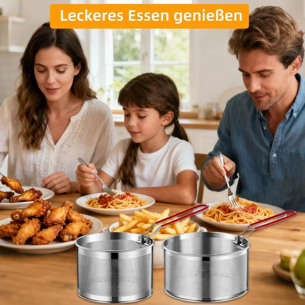 2er-Set Edelstahl Frittierkorb (18+20cm) mit abnehmbarem Griff – Vielseitig als Nudelsieb, Frittiersieb & Siebkorb für Pommes, Gemüse und Nudeln, platzsparend