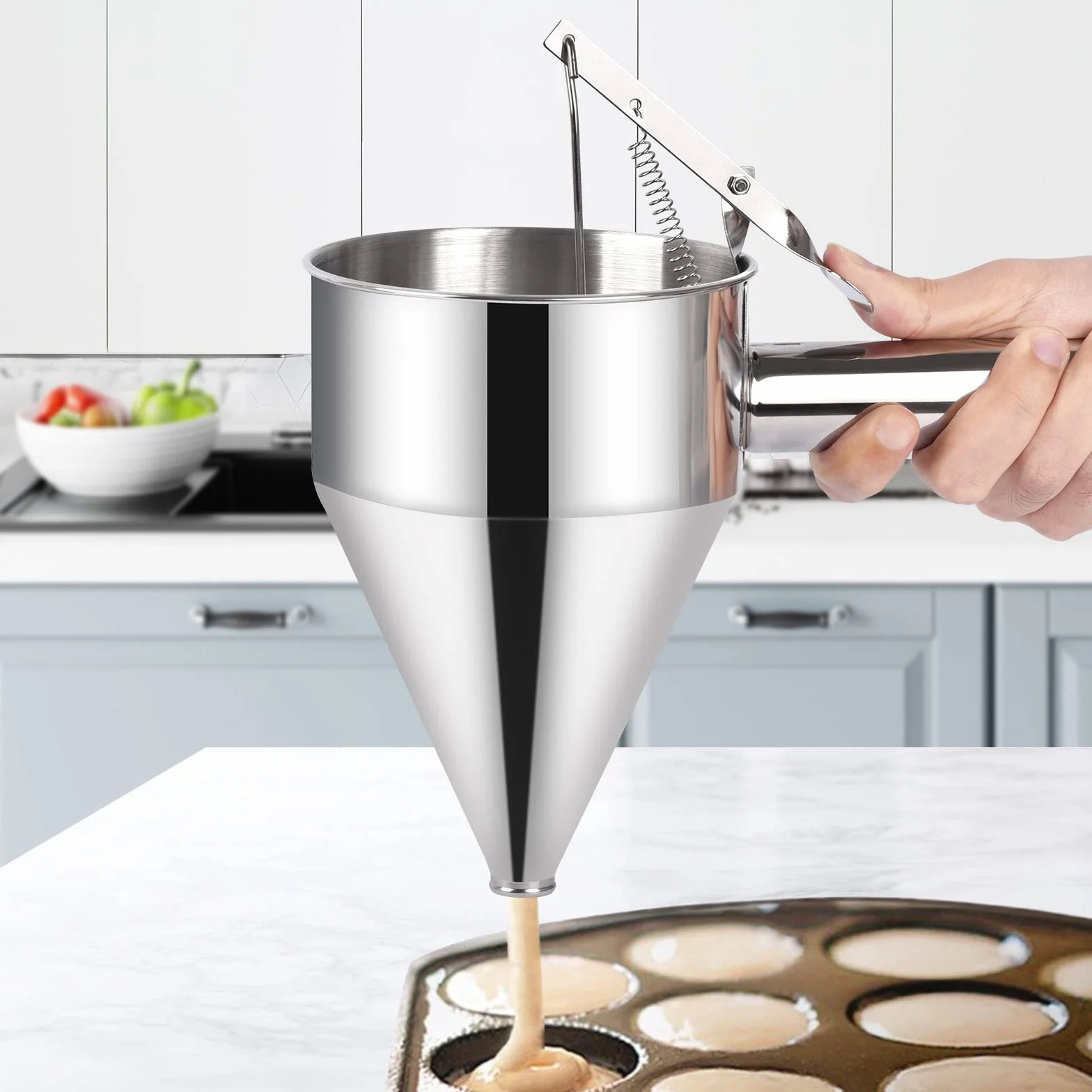 Sopito Teigspender, 600ml Pfannkuchen Teigspender Edelstahl Teigportionierer Multi-Kaliber Edelstahl Trichterkuchen-Spender mit Ständer Großartig für Pfannkuchen Desserts