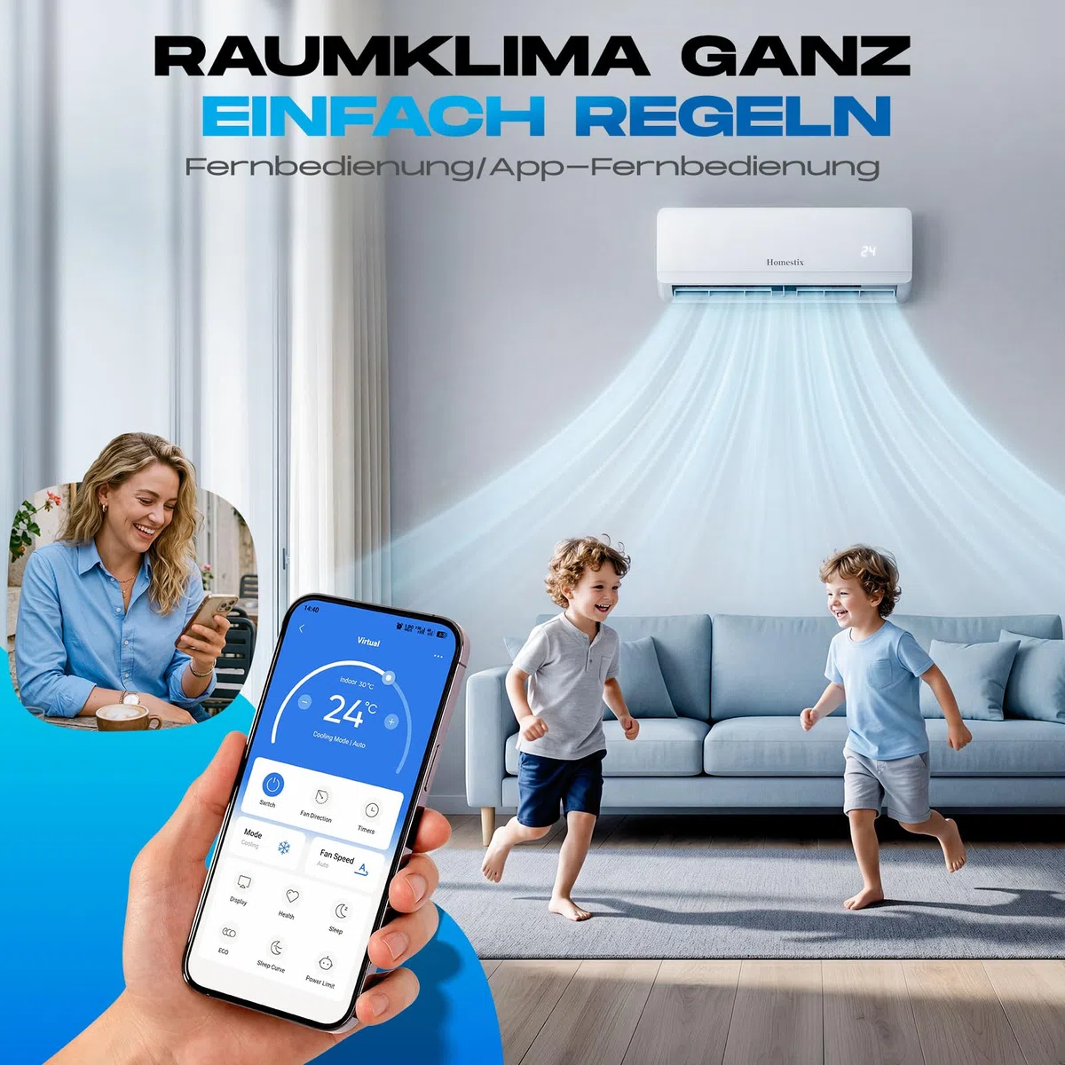 Split Klimaanlage 12000 BTU，4-in-1-Kältegerät mit Heizen, Kühlen, Entfeuchten und Lüften, bis75 m², ultraleise, Fernbedienung & APP, 24h-Timer/Schlaf/ECO-Energiesparmodus, inkl. Montagematerial