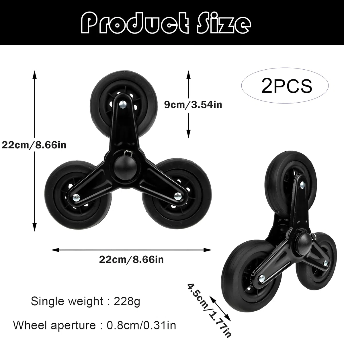2er-Pack, Einkaufstrolley Ersatzräder, Ersatzrad für Treppenkletterer Sternrad Dreiringrad, Einkaufstrolley Ersatzräder 22 cm, Rutschfeste Räder für Tragbare Treppensteiger, Schwarz, Eisen