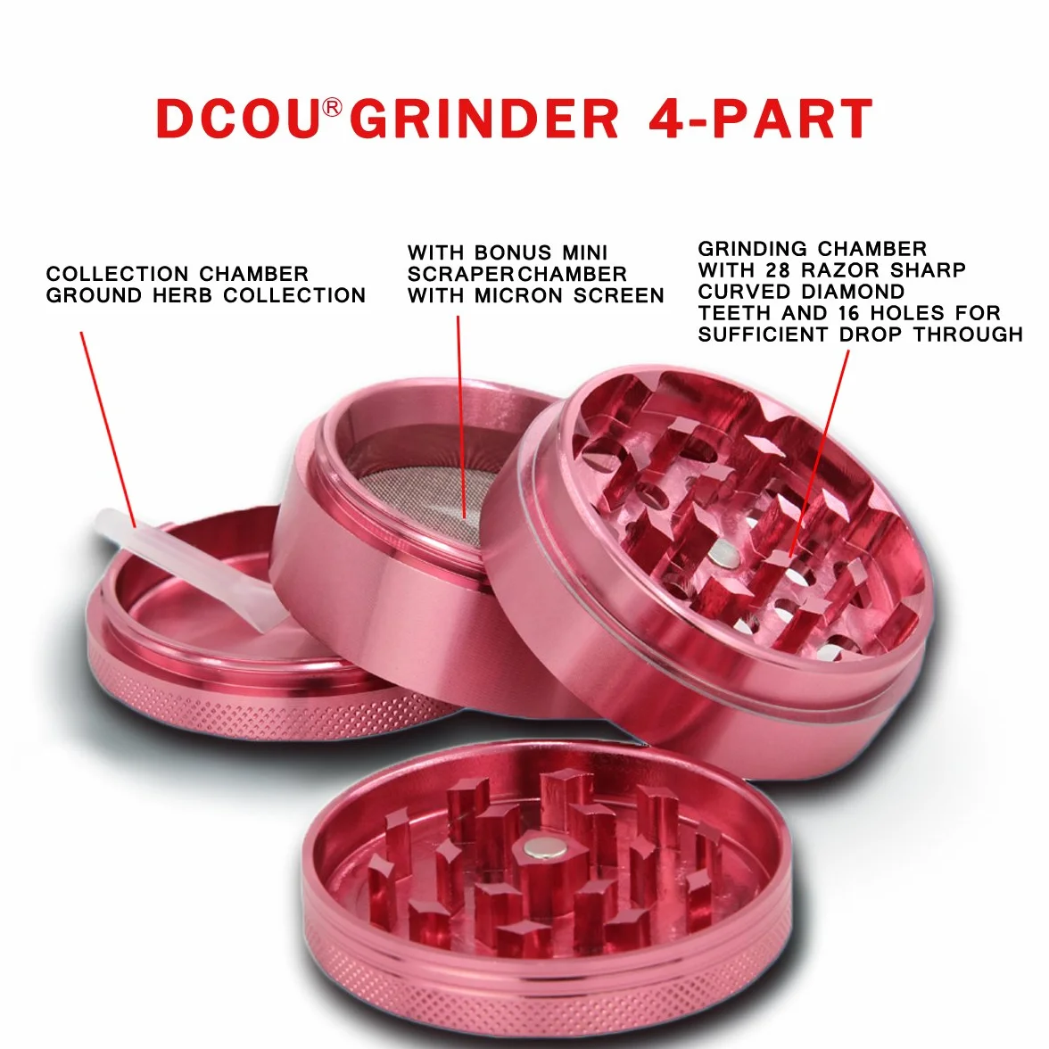 DCOU Premium Aluminium Grinder Crusher mit Blumen auf dem Deckel Magnetisch Ø55mm Metall Spices Grinder 4 Teilig