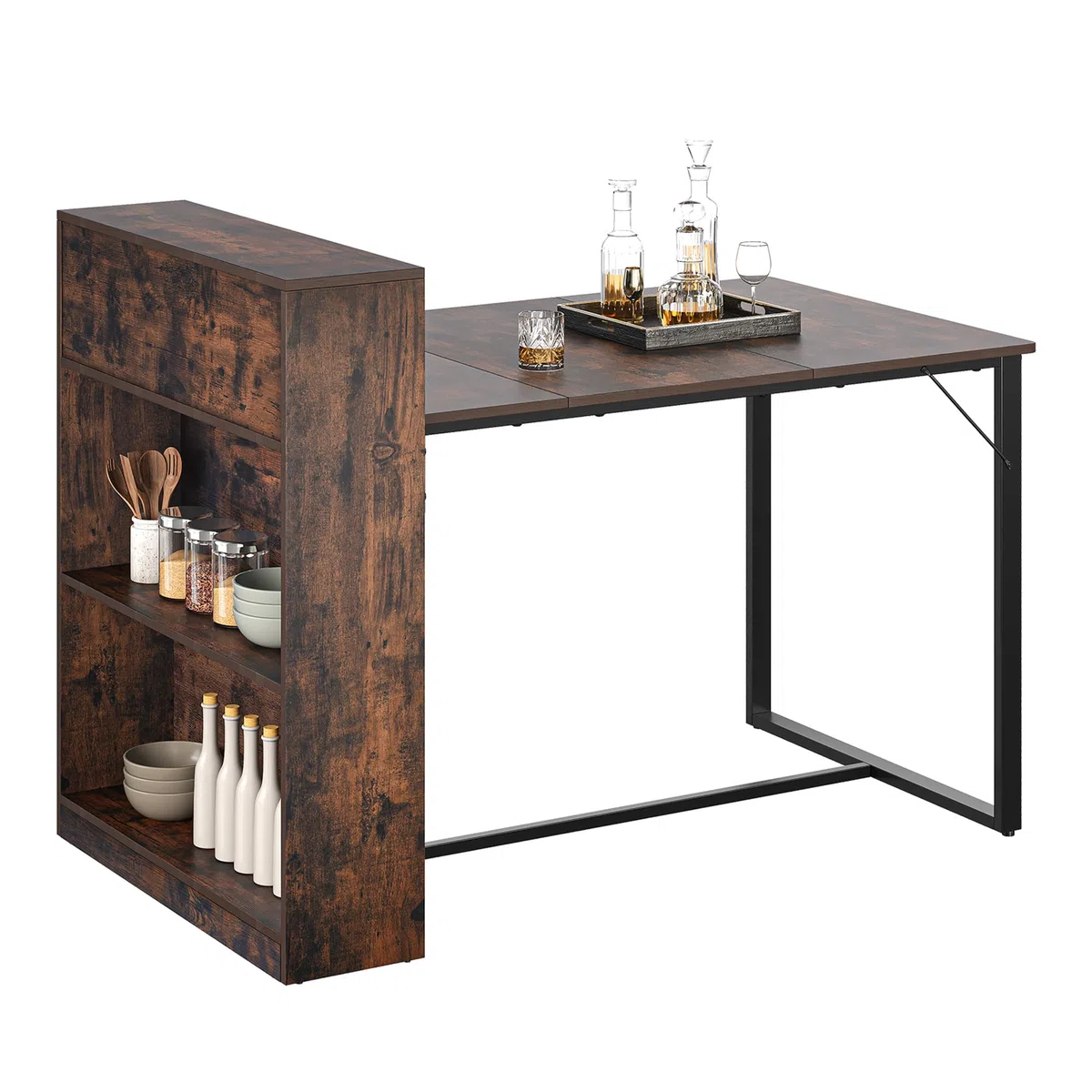 YITAHOME Esstisch mit Ablageflächen, 130 x 77,4 x 75/95 cm, stabiles Metallgestell, Industriestil, für Wohnzimmer, Küche, Rustikales Braun und Schwarz