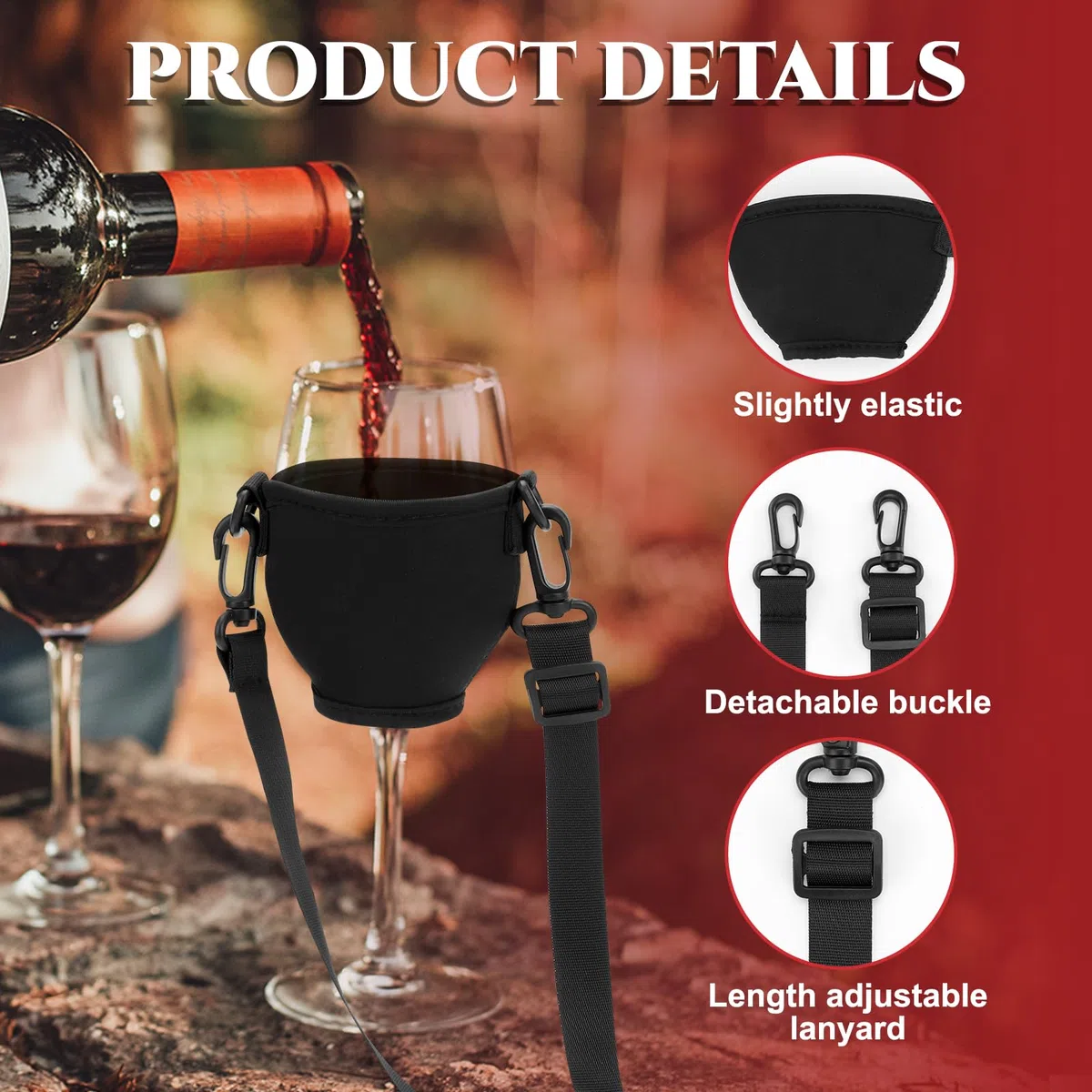 6 Stück Weinglashalter zum Umhängen, Tragbare Weinglas Halterung zum Umhängen, Stoff Weinglashalter für den Hals, Wine Glass Holder für Hochzeiten, Geburtstagsfeiern, Weihnachten (Schwarz)