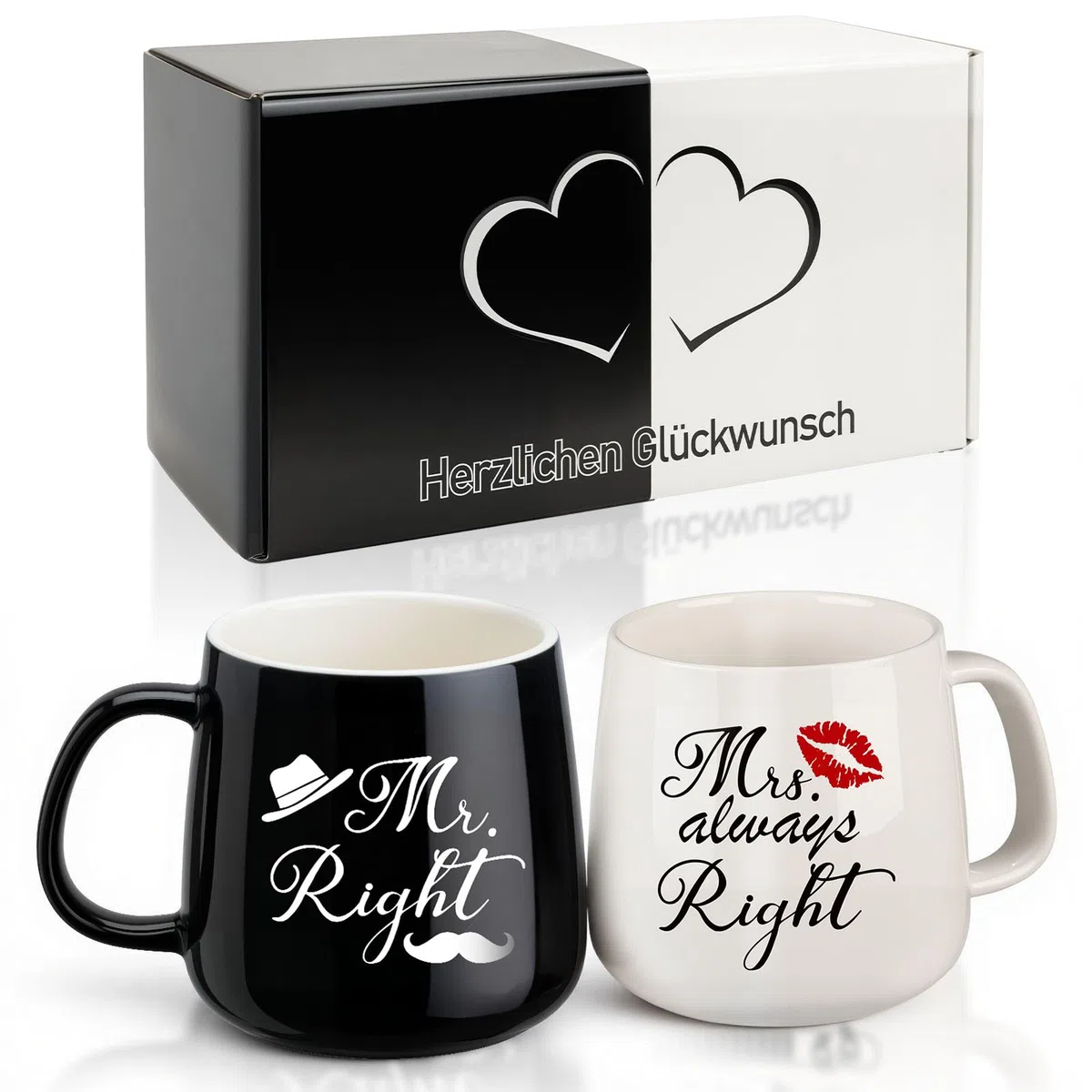 TUZELIYA Mr. Right & Mrs. Always Right Partnertassen Set – Hochzeitsgeschenk für Brautpaare, Frauen & Männer - Schwarz und Weiß Tassen Paar geschenke & Jahrestagsgeschenke für Ihn Sie