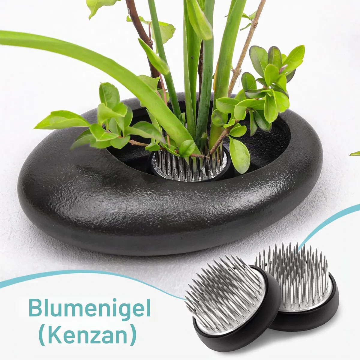 Folmywy Japanisches Keramik Ikebana Vasen Set mit 4cm Blumenhalter Kenzan Schwarz Kieselsteinförmiger Blumenarrangement Schale Blumenschmuck für Hochzeiten Teestuben Wohnkultur