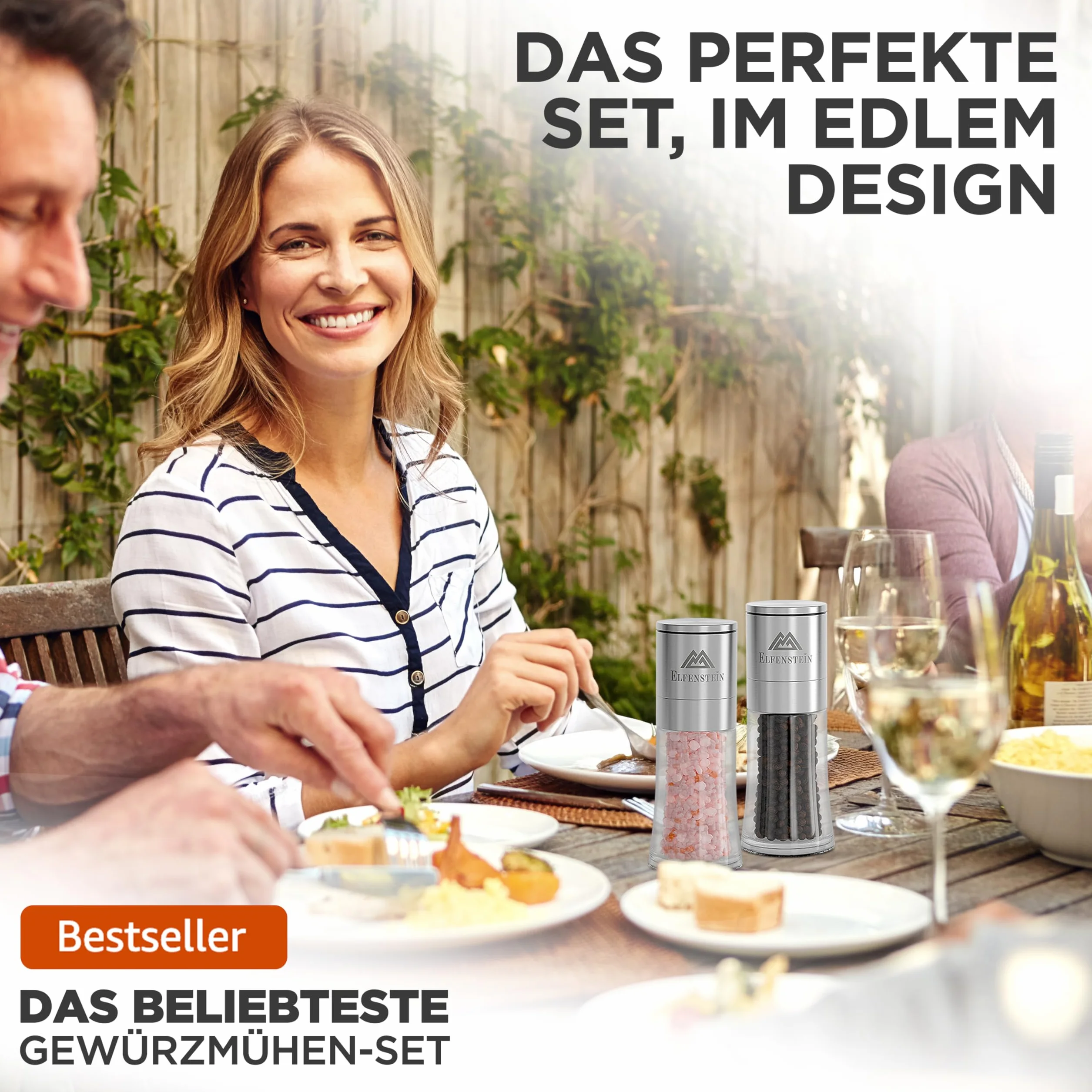 ELFENSTEIN Edelstahl Salz und Pfeffermühle Set mit Keramikmahlwerk - stufenlos einstellbar - Pfeffer und Salzmühle für grobes Salz - Gewürzmühle
