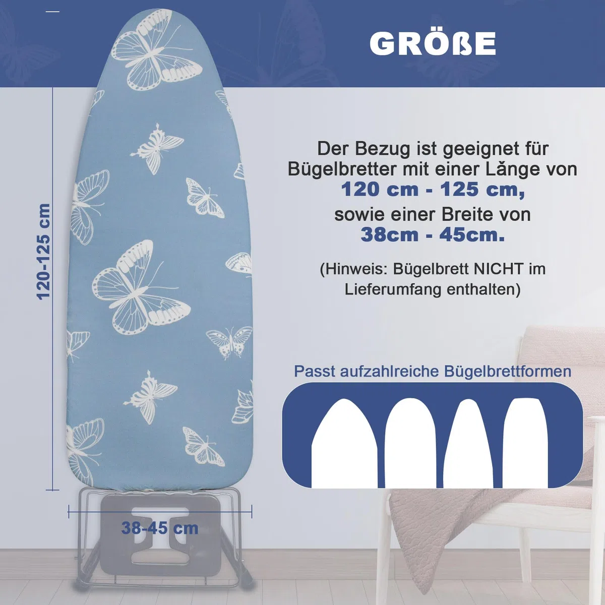 Bügelbrettbezug mit Dicker Polsterung 120x40, 125x45, Rundum-Elastikband, Klettverschlüsse, passend für Bügeltische, ideal für Dampfbügelstationen Ironing Board Cover (Blue (Butterfly)