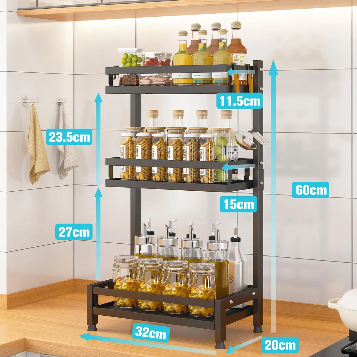 Stehend Küche Gewürzregal, 3-Stufig Arbeitsplatte Gewürz Lagerung Regal Veranstalter, Kondiment Gewürz Rack Gewürze Dosenhalter mit 4 Haken, Schwarz
