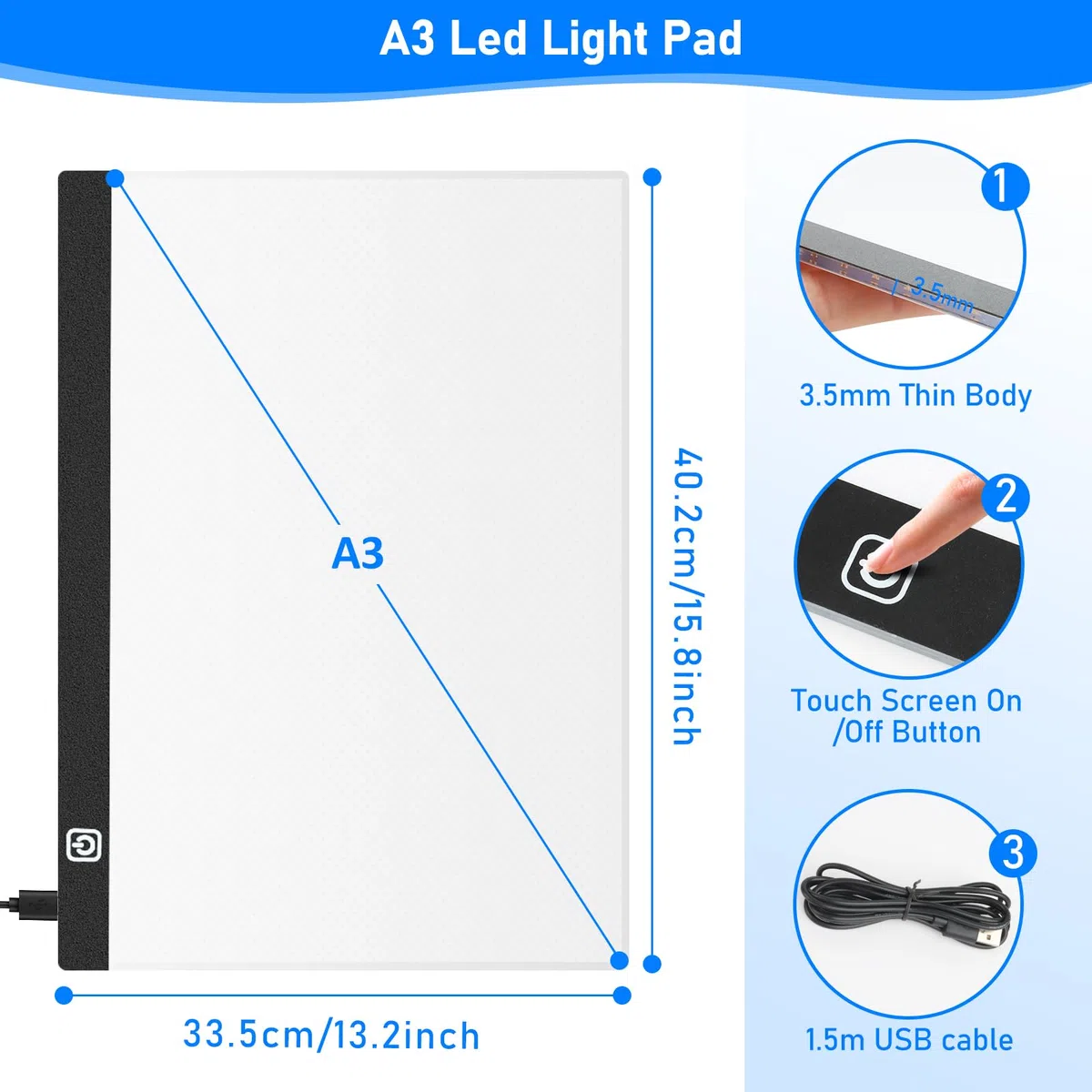 VFANDV Leuchttisch A3, Led Licht Pad Tragbare LED Dimmbar 3 Helligkeitseinstellungen Leuchtplatte mit USB Kabel Light Pad Zeichenbrett für Diamond Painting Malen Skizzieren Designen