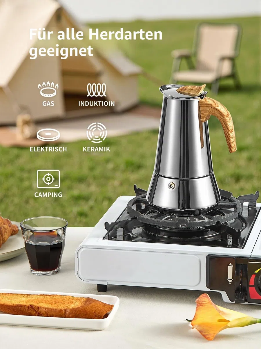 Yabano Mokkakanne, 6 Tassen Edelstahl Herd Espressokocher für Induktion, 350 ml italienische Kaffeemaschine für Gas- und Elektroherde, langlebige Espressokanne für Zuhause & Camping