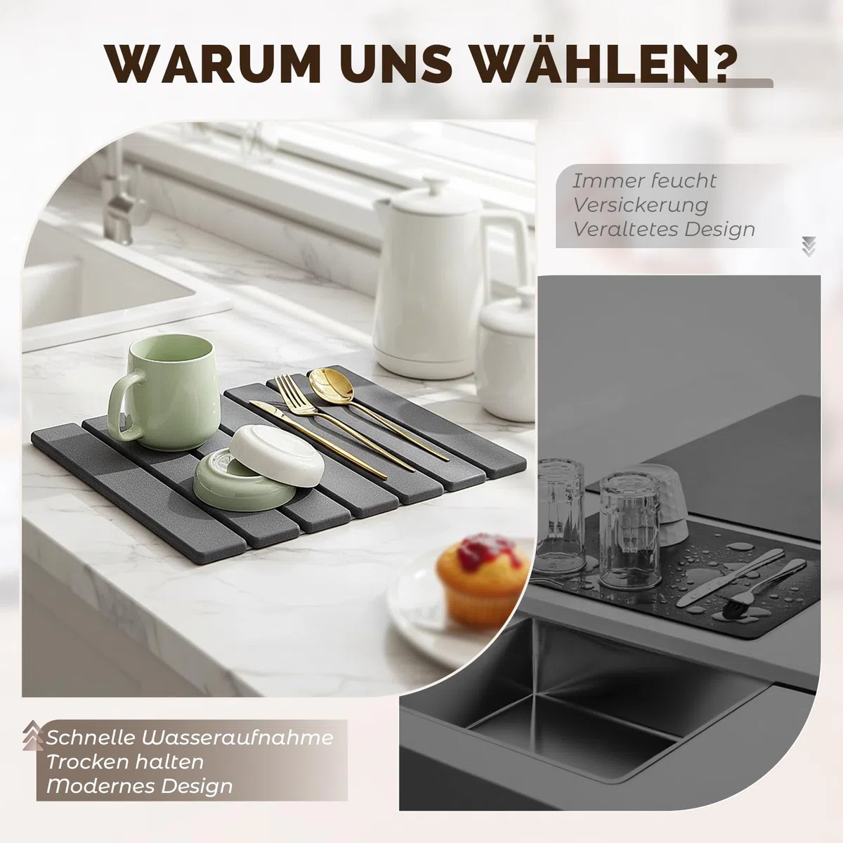 Abtropfmatte für Küche, Abtropfmatte Geschirr aus Kieselgur Wasserabsorbierende Schnelltrocknende (Dunkelgrau, 40 x 30 cm)