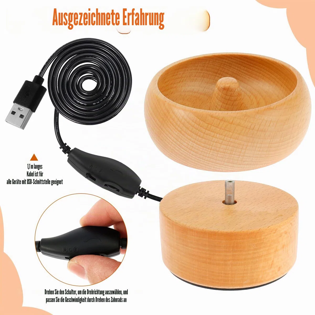 Elektrischer Holzperlen-Spinner, USB-betriebenes Spin-Perlenschüssel-Set, einstellbare Geschwindigkeit und Richtung, Spin-Perlenlader mit 2 Perlennadeln, 2000 Perlen für Armbänder, Schmuckherstellung