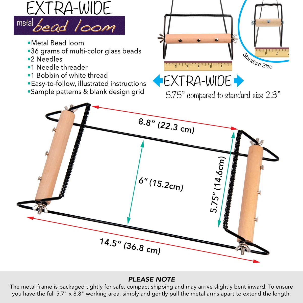 The Beadsmith Extra breites Metallperlen-Webstuhl-Set, enthält extra breiten Webstuhl (36,8 x 15,2 x 21,6 cm), Faden, Nadeln und 36 g Glasperlen für Armbänder, Halsketten, Gürtel und mehr