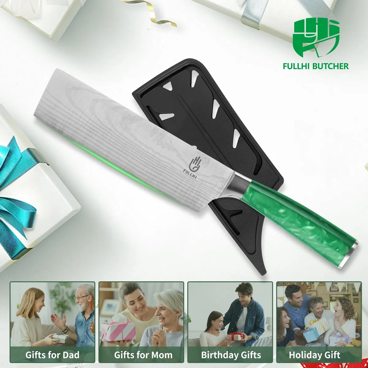 FULLHI Nakiri Messer,Multi Farbe 7 Zoll japanisches Messer mit Schutz Küchenmesser mit Scheide (Grünes Harz)