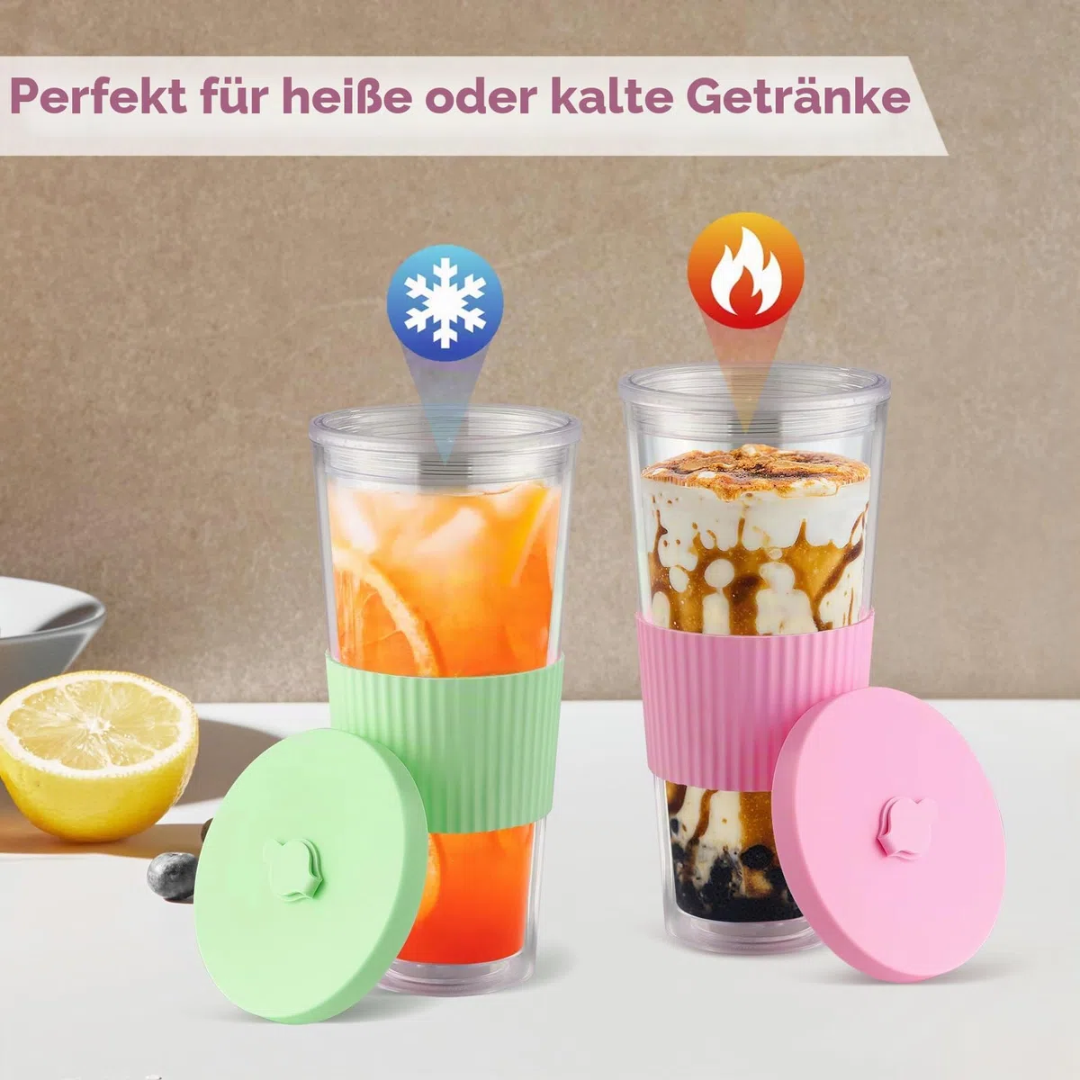 2er-Pack wiederverwendbare Bubble-Tee-Tasse, Boba- und Smoothie-Becher, 730ml/24oz Breitmaul-Doppelwand-Trinkgläser mit Strohhalm & Deckel, auslaufsicher für Eiskaffee, Milchshake (Grün&Rosa)
