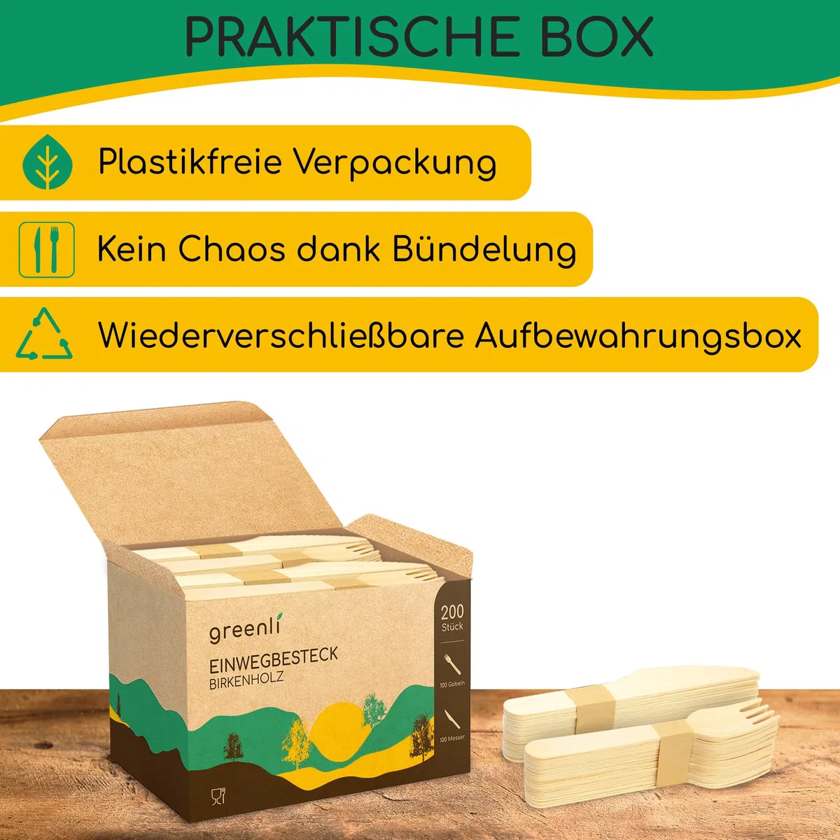 Einwegbesteck Set - 200 Holzgabeln und Holzmesser - Nachhaltiges Einweggeschirr Set aus Holz