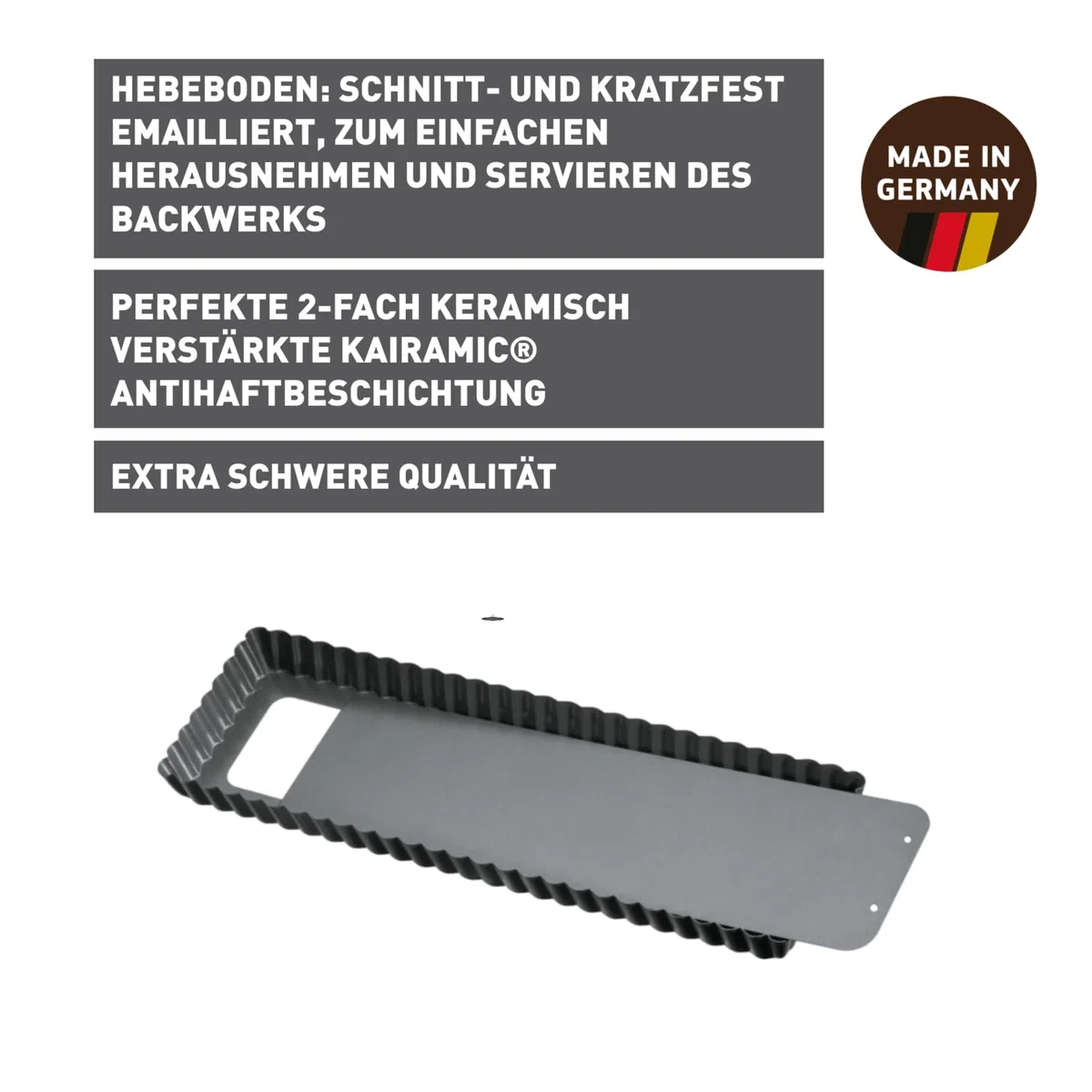 Original Kaiser La Forme Plus Tarteform rechteckig mit Hebeboden 35x13cm, Quicheform beschichtet, herausdrückbarer Emailleboden, schnittfest, servierfertig, Schwarz