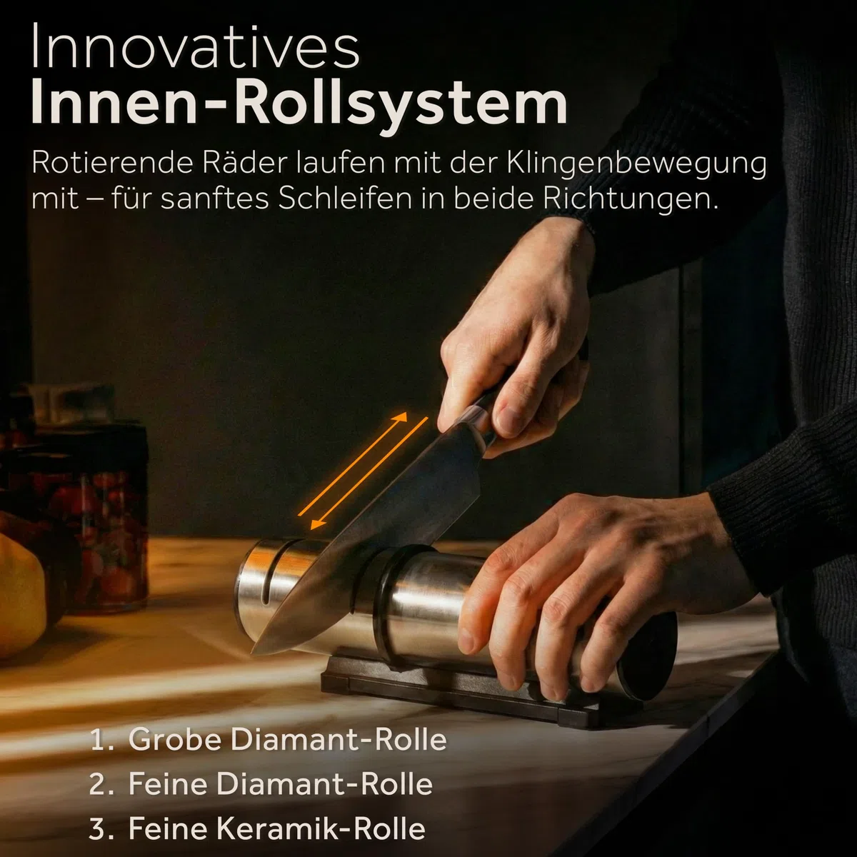 ZWIEGER Diamant Messerschärfer Profi mit Rollschleifer-Technologie – Messerschleifer mit 3 Stufen: 2 Diamant-Rollen & 1 Keramik-Rolle – Moderne Rollschleifer-Lösung – Rutschfester Boden