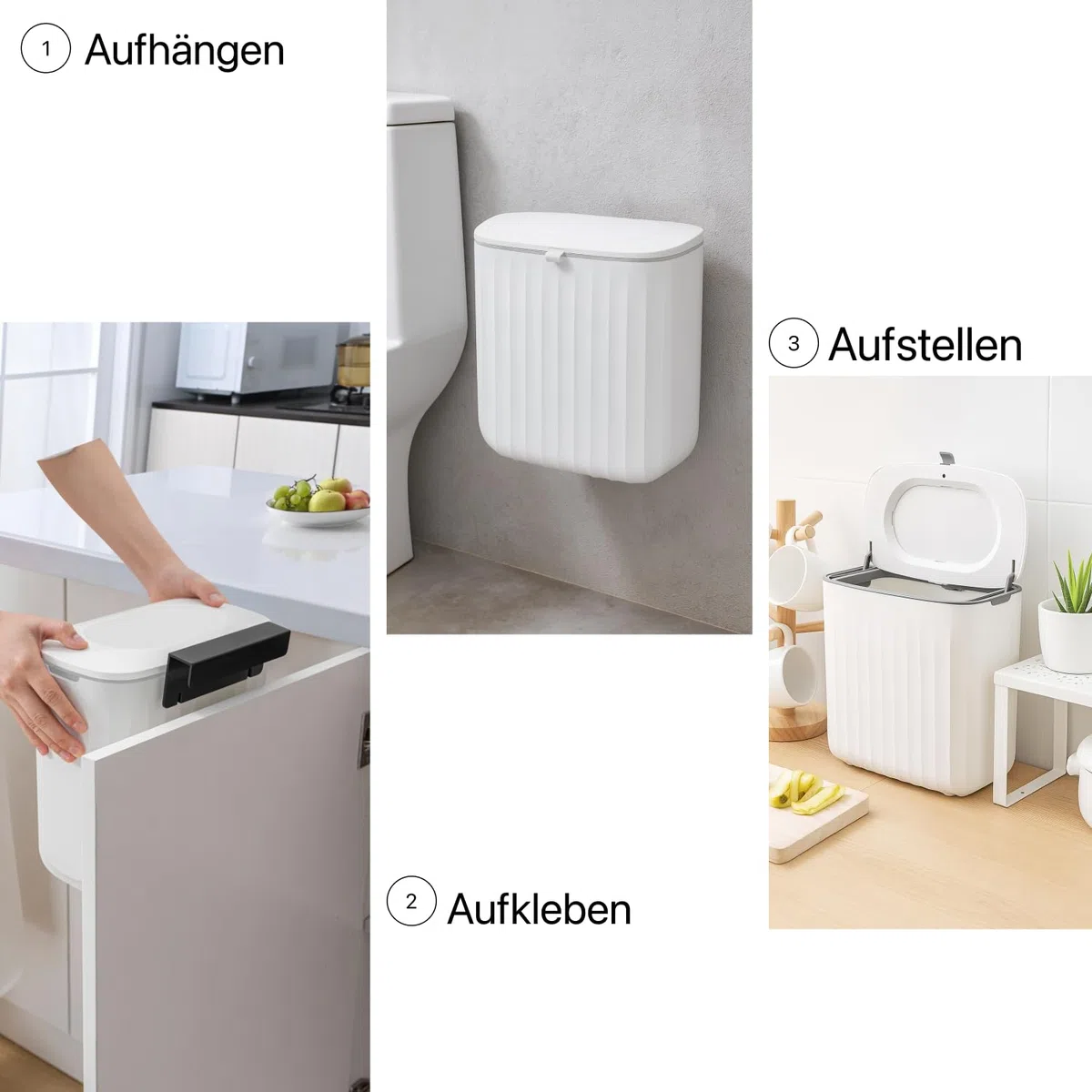 Mülleimer 8L mit Deckel, hängender Abfalleimer für Küche & Bad, 2-Wege-Deckel, Montage ohne Bohren, PP+ABS, weiß, 25 x 15 x 25 cm