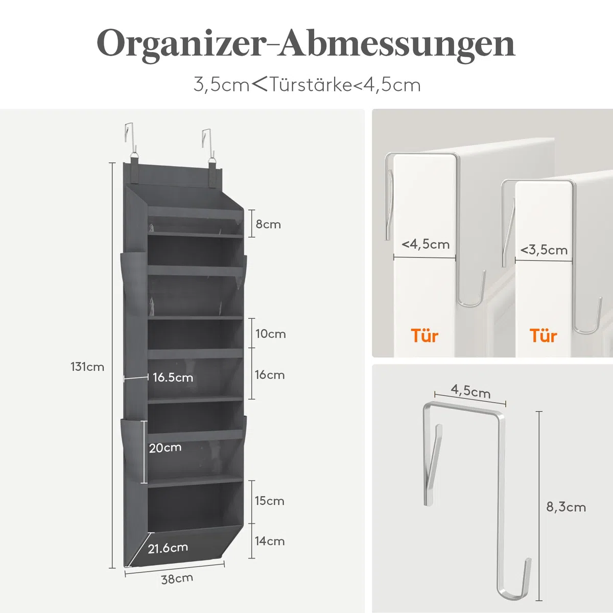 Lifewit Türorganizer Hängeorganizer, 5 Regal klar Fenster hängende Lagerung mit 4 Seitentaschen, Tür Organizer, Hängeaufbewahrung Benutzt für Bad, Schlafzimmer, Wohnheim, Grau,140 cm(H), 1 Pack