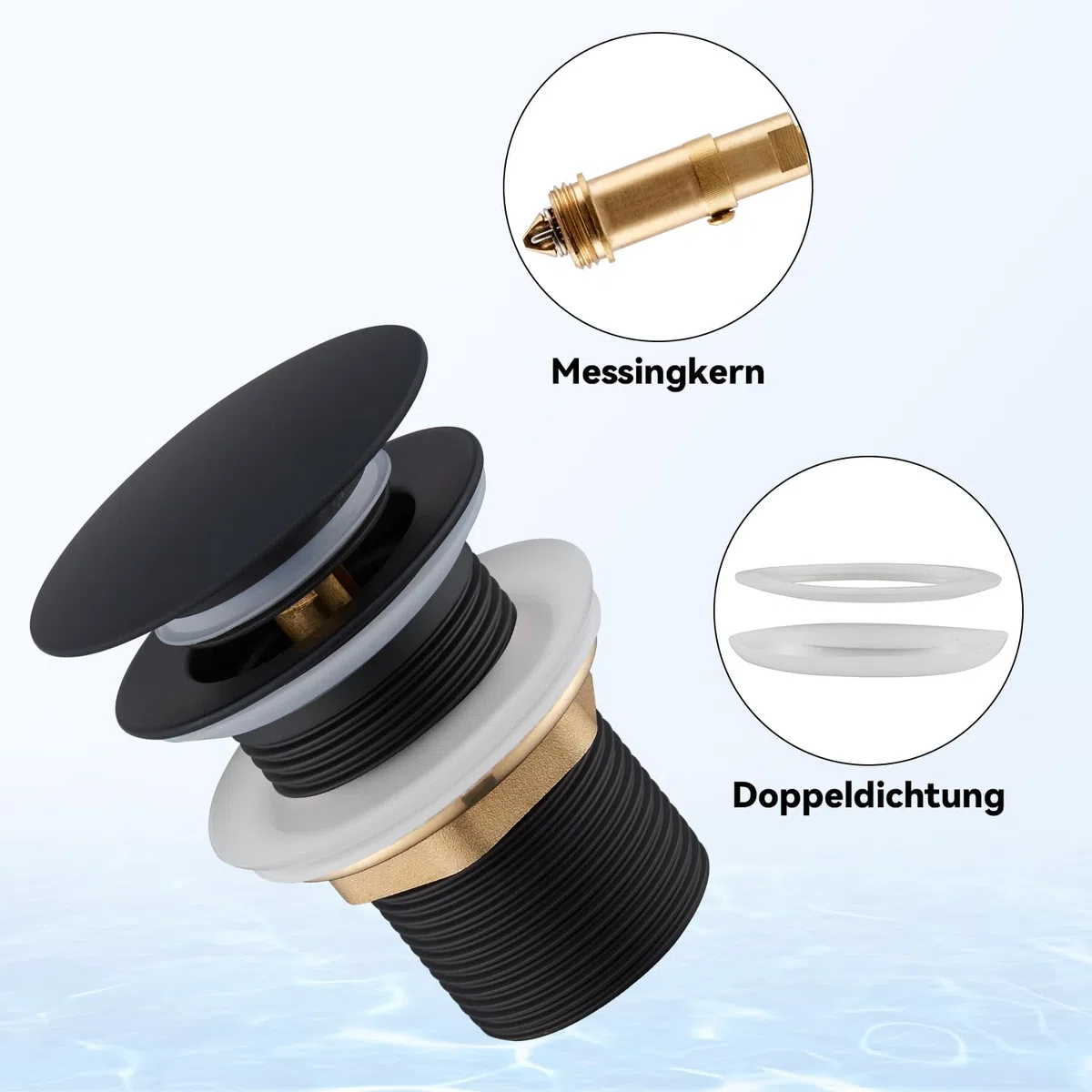 Ablaufgarnitur Waschbecken Schwarz ohne Überlauf, Pop Up Ventil Ablaufgarnitur für Waschtisch Universal 1 1/4 Zoll, Ablaufventil Badezimmer Waschbeckenstöpsel