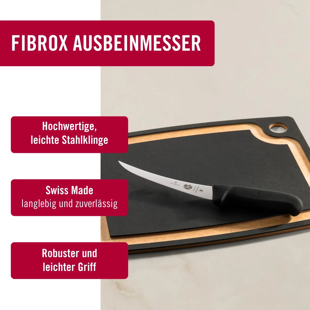 Victorinox Fibrox Ausbeinmesser, Scharfes Küchenmesser für Fleisch und Fisch, 15 cm, Gebogene Klinge, Flexibel, HACCP geeignet, Rutschfest, Schwarz