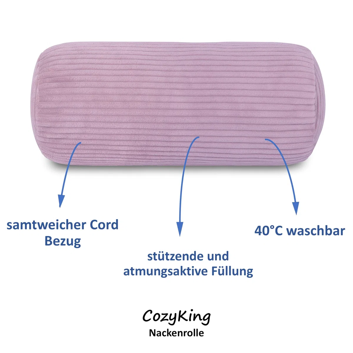 Nackenrolle Cord Rosa Nackenkissen Öko-Tex 100 zertifiziert und 40°C waschbar - Nackenstütz-Kissen mit Bezug, rund für Auto, Flugzeug, auf Reisen oder zum Lesen und Relaxen zu Hause - 15x40 cm