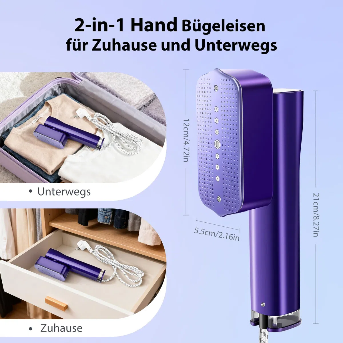 2-in-1 Tragbarer Dampfglätter, 1200W Dampfbügeleisen Handdampfer für Kleidung 15s Schnellaufheizung Reisebügeleisen Steam Iron Steamer Hand Bügeleisen mit LED Display, 4 Bügelmodi