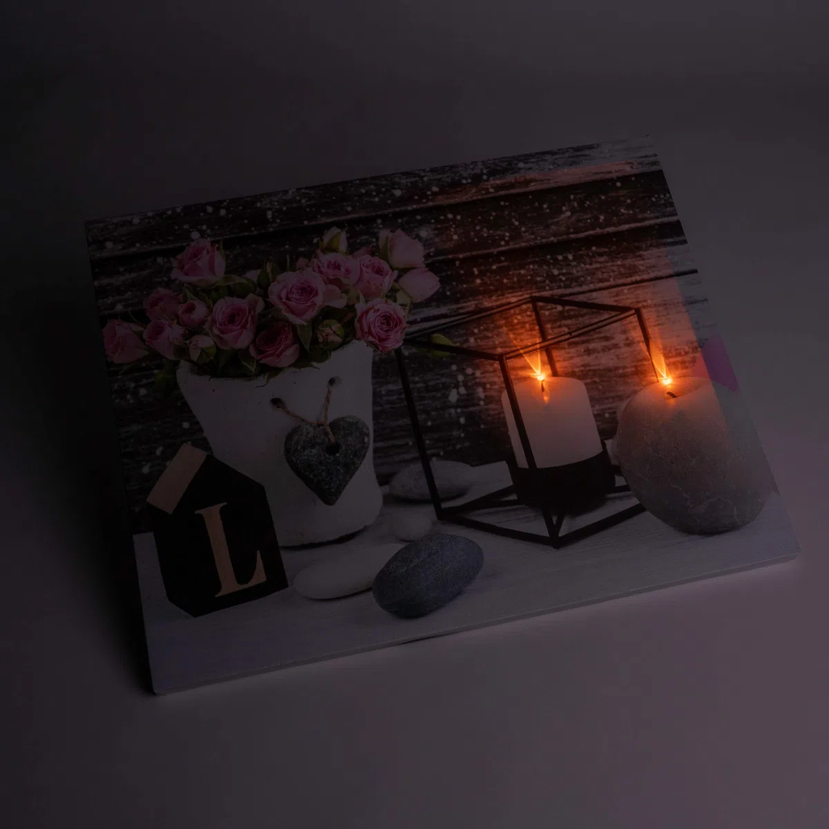 Nexos Trading LED Wandbild mit Beleuchtung Love 40 x 50 cm Kunstdruck Landhaus Vintage-Stil flackernde Kerzen Shabby Chick Hütte