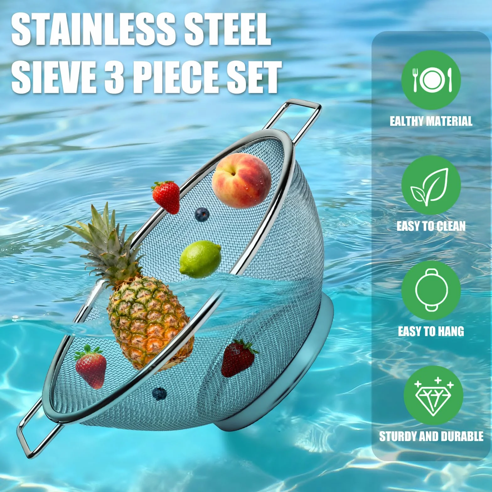 Sieb 3er-Set aus Edelstahl, Mikroperforiertes Küchensieb mit Griffen, Abtropfsieb für Obst, Gemüse, Reis und Pasta, Metall Sieb, Ideal für Küche und Haushalt, 18/22/24cm