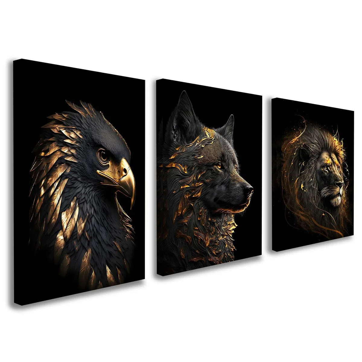 Galmcook 3er Set Wandbilder Wohnzimmer – Moderne Leinwandbilder mit Rahmen, goldene Tiermotive Löwe, Adler & Wolf, Kunstdruck Bilder auf Leinwand für Schlafzimmer, Flur oder Büro, Wanddeko mit Haken