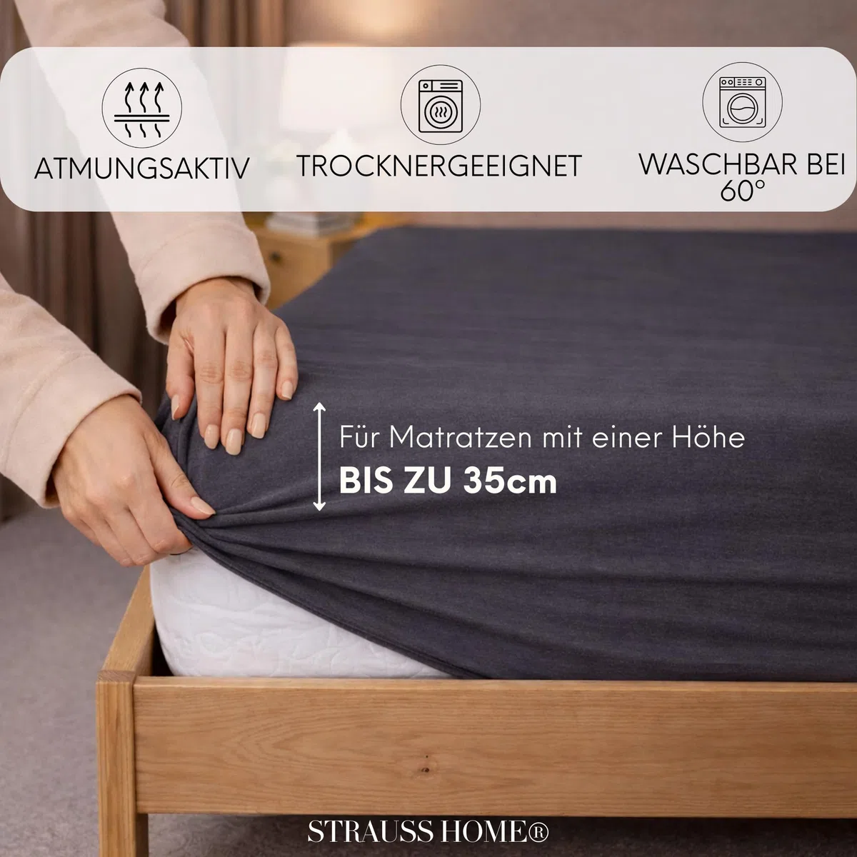 Strauss Home Premium Spannbettlaken Jersey 140x220-160x220 cm - 160 g/m² 100% gekämmte Baumwolle, 40 cm Steg, Oeko-TEX - für Boxspringbett & Wasserbett - Anthrazit