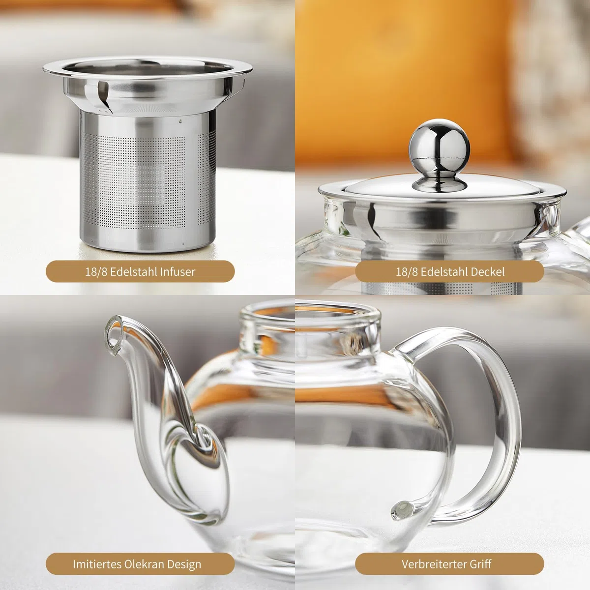 MESNEY Glas Teekanne, MEISINNI Teekanne mit Siebeinsatz, Glaskanne mit Deckel, Borosilikatglas, Hitzefest, Mikrowellenbeständig für Schwarzen Tee und Grünen Tee, 600 ml