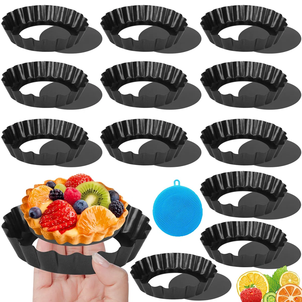 JOYBOY 12 Stück Tarteform mit Hebeboden,Mini Quicheform mit Hebeboden,Antihaftbeschichtung Mini Quicheform,Tarte Pan,Quiche Form,Obstkuchenform,Schwarz Tortenboden Backform für Quiche,Obstkuchen,Pie