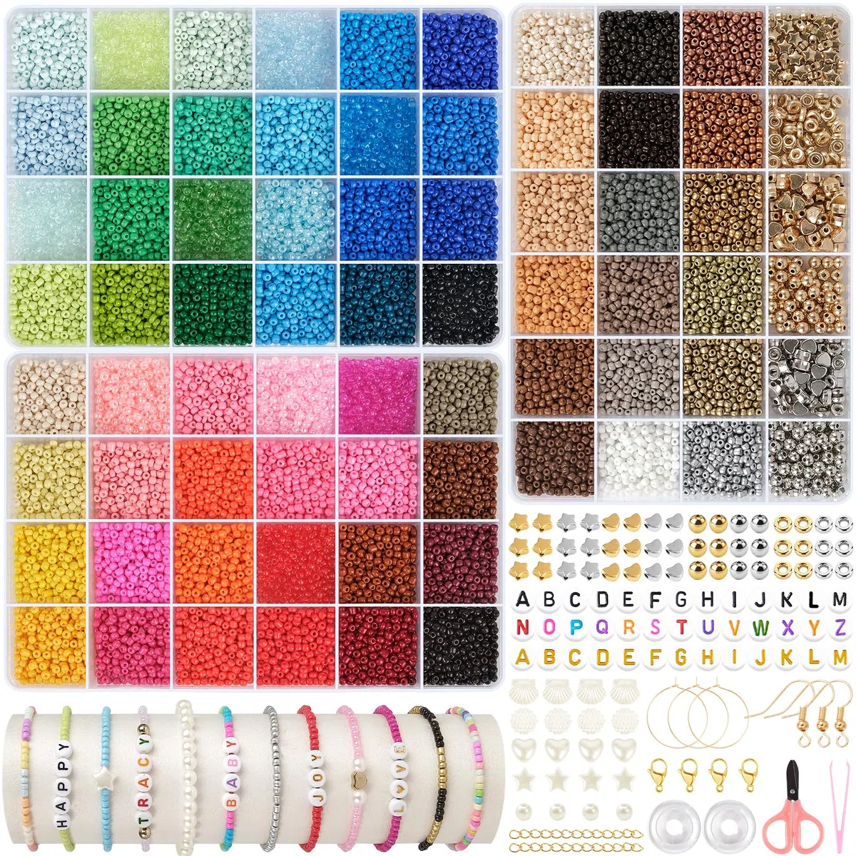 ARTREE 24550 Perlen für Armbänder, 3 mm Armbänder Selber Machen 66 Farben Perlenset, 300 Perlen Buchstaben,Perlen zum Auffädeln für Weihnachten DIY Bracelet Making Kit, Partys