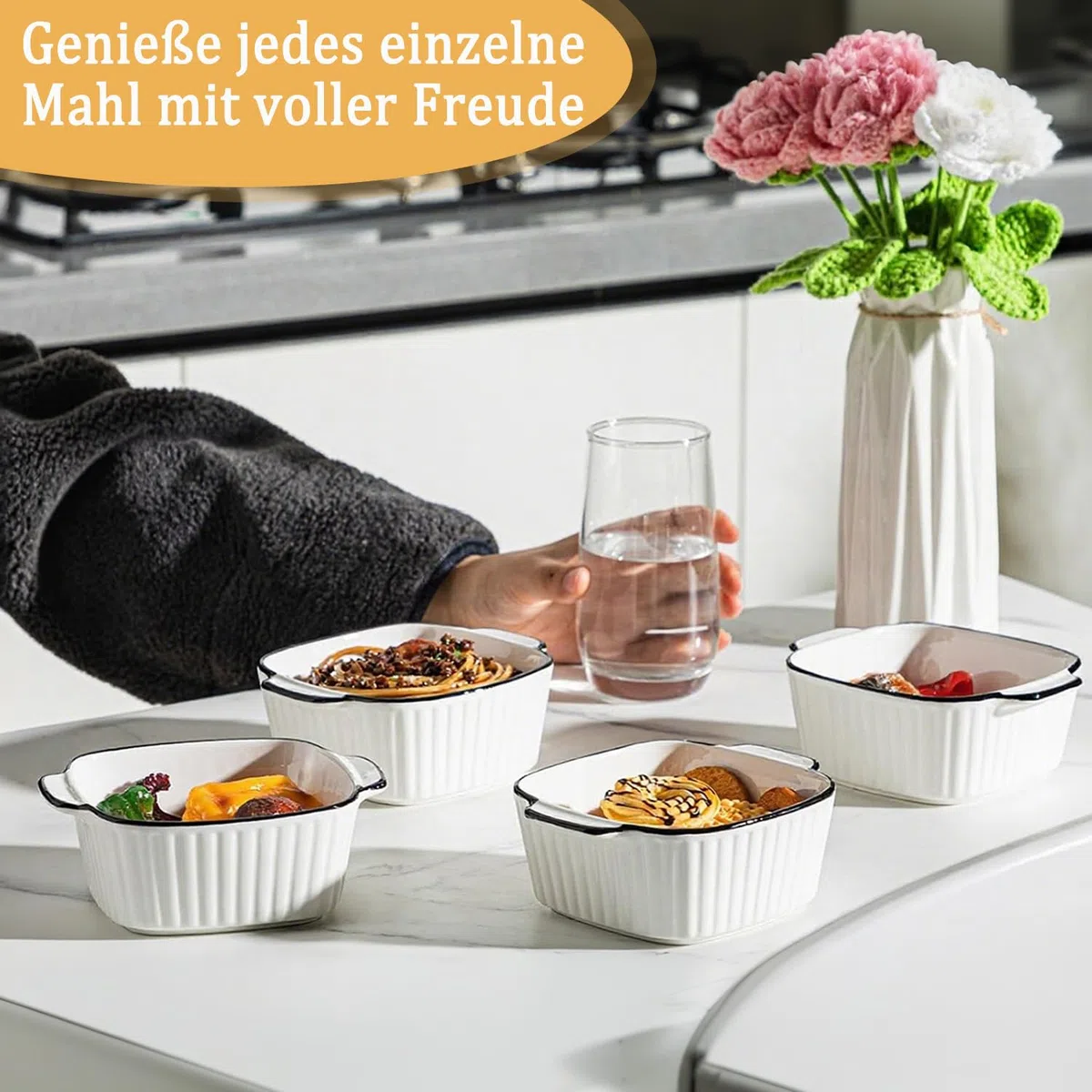 4er Set Keramik Auflaufform, 400ML Auflaufform Klein, 14.5 x 11.5 x 5.5 cm Quadratische Backformen, Grillpfanne mit Griffen, Kleine Backform für Airfryer, Backofen (Rautenquadrat-Teller)