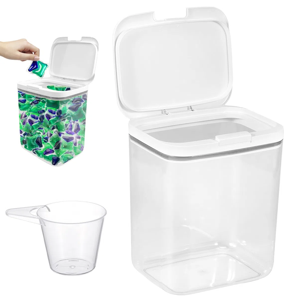 Waschmittel Aufbewahrung, 5,5L Aufbewahrungsbox mit Deckel, Waschpulverbehälter mit Luftdichtem Deckel, Pop Up Waschmittel Aufbewahrung, Wäsche Pods Behälter, für Badezimmer, Toilette