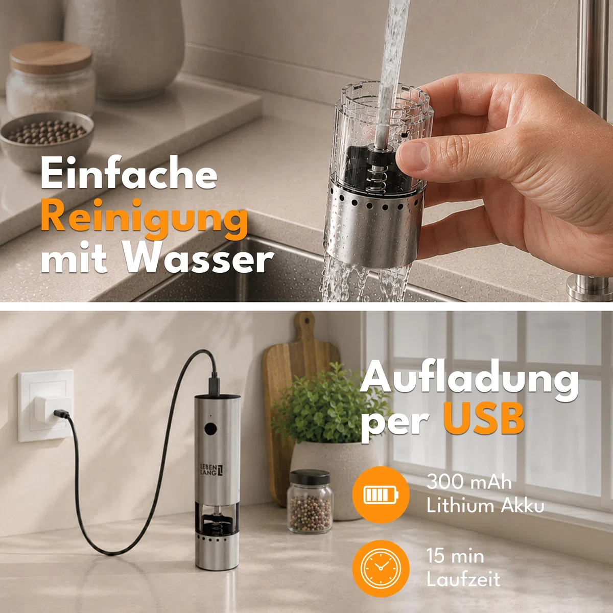 LEBENLANG Mini Salz und Pfeffermühle Elektrisch - 300mAh & Kompakter 30ml Behälter I 1er Set I Wiederaufladbar Gewürzmühle Elektrisch Klein Elektrischer Salz und Pfefferstreuer Pfeffer & Salzmühle