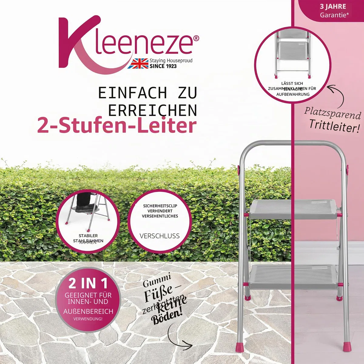 Kleeneze KL068491EU Zusammenklappbare 2-stufige Trittleiter - Leichte Klappbar DIY-Leiter mit Handlauf, Robuste Stahl, Max. 150kg, rutschfeste Trittstufen, Sicherheitsclip zur Sicheres Schließen