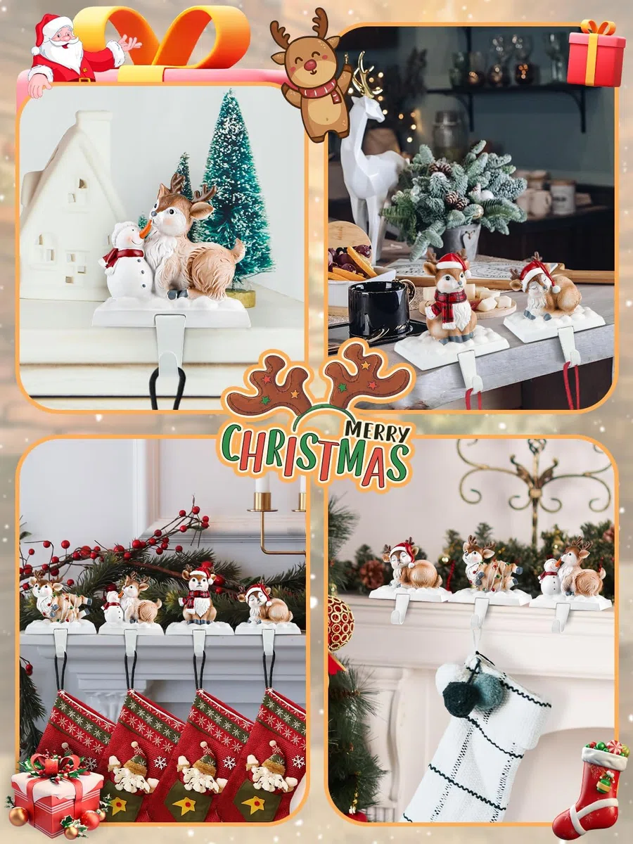 EBANKU Weihnachten Strumpfhalter für Kamin, 4 Arten Strumpf Kleiderbügel mit Weihnachten Elch Haken Muster, Mantel rutschfest stabilen Mantel Strumpf Haken für Weihnachten Home Decoration